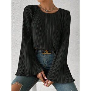 Solid Flounce Sleeve Plisse Blouse bell sleeve black
